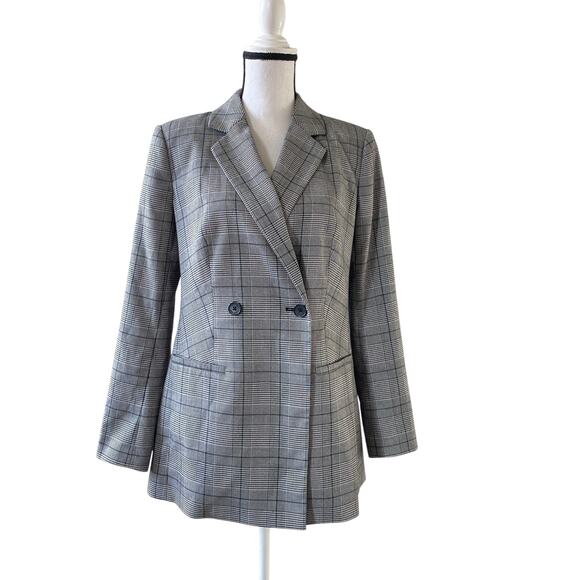 Calvin Klein Glenn Plaid Double Breasted Blazer Jacket Sz 8 Grey Black Plaid - Picture 8 of 11